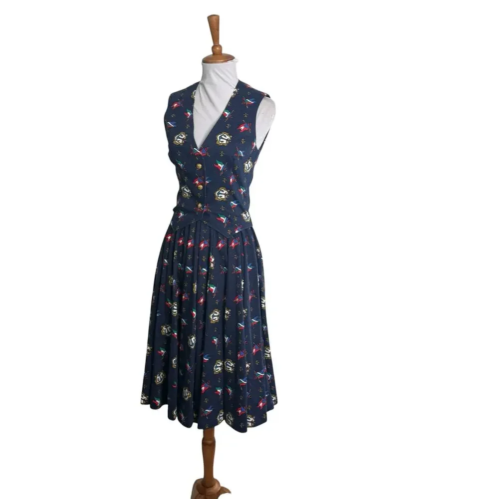 Vintage Nautical Anchor Flag Print Vest  Full Circle Skirt MAtching  Set XXS